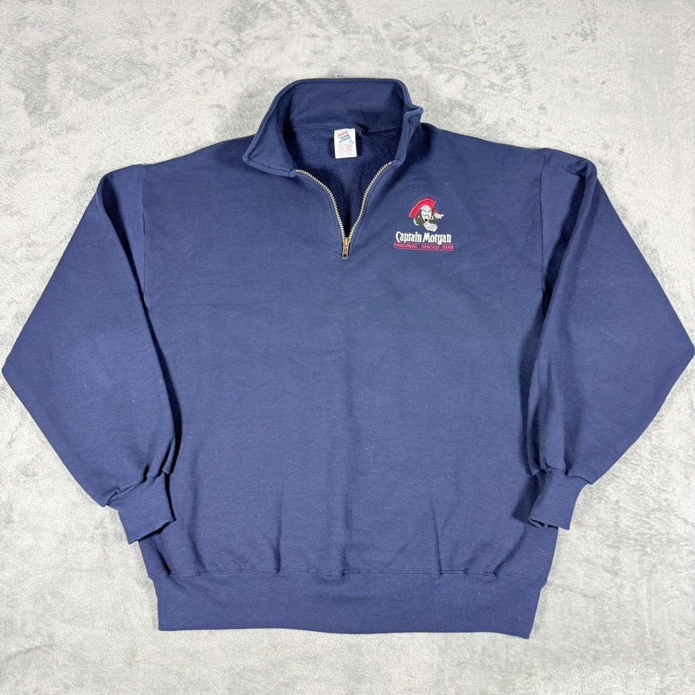 Vintage Jerzees Mens XL Captain Morgan Navy Blue Quarter Zip Super Sweats